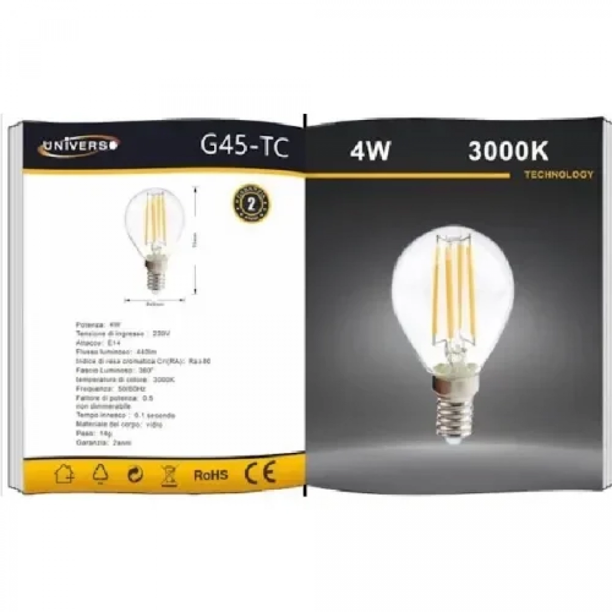 Λάμπα LED για Ντουί E14 4w 440lm Θερμό Φως 3000K Universo G45-TC